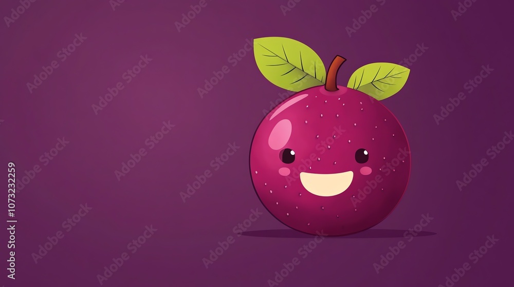 Obraz premium A cute cartoon mangosteen with a big smile on a purple background.