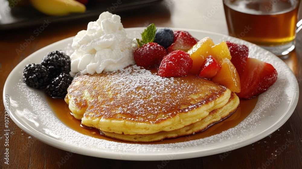 Delicious Pancakes with Maple Syrup, Fresh Fruit, and Whipped Cream: Professional Food Photography at a 45-Degree Angle with Clean Composition and Soft Lighting. Delicious Pancakes with Maple Syrup, Fresh Fruit, and Whipped Cream: Professional Food Photography at a 45-Degree Angle with Clean Composition and Soft Lighting.