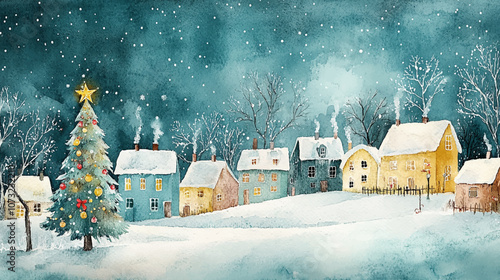 Charming watercolor painting of a winter village adorned with snow, featuring cozy houses, a decorated Christmas tree, and festive atmosphere. Vector Illustration Winter Village Scene in Watercolor.