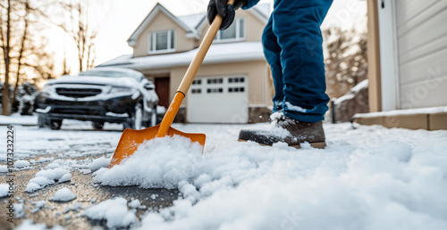 Winter morning snow removal: shoveling driveway in suburban neighborhood
