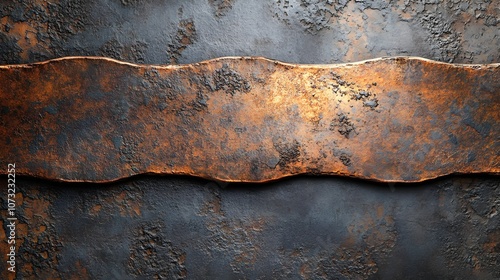 Metallic bronze plate with brushed texture, industrial steel sheet design, roughened surface and uneven polished areas, deep shadows, and highlights photo