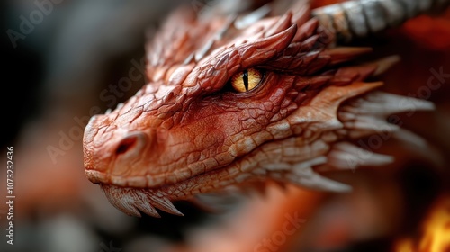 An intensely detailed close-up of a dragon's scaly face focuses on its fiery red eyes, exuding wisdom and age, amidst a contrasting dark backdrop.