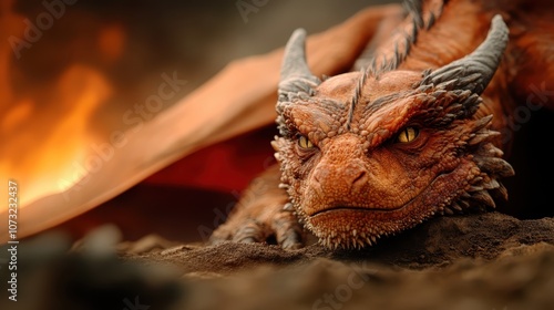 A dragon lays solemnly on scorched earth, its glowing eyes fixed forward, embodying resilience, age, and the fiery essence of ancient myth and legend. photo