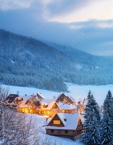 Wallpaper Mural snow-covered village nestled in a valley, with warmly lit windows peeking Torontodigital.ca