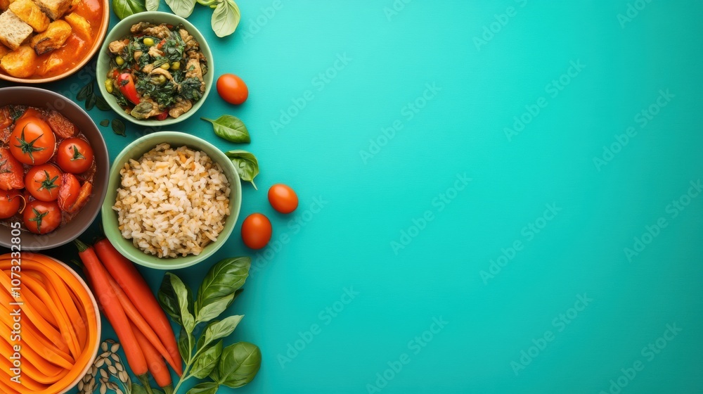 A vibrant display of healthy dishes and fresh ingredients on a turquoise background, AI A vibrant display of healthy dishes and fresh ingredients on a turquoise background, AI