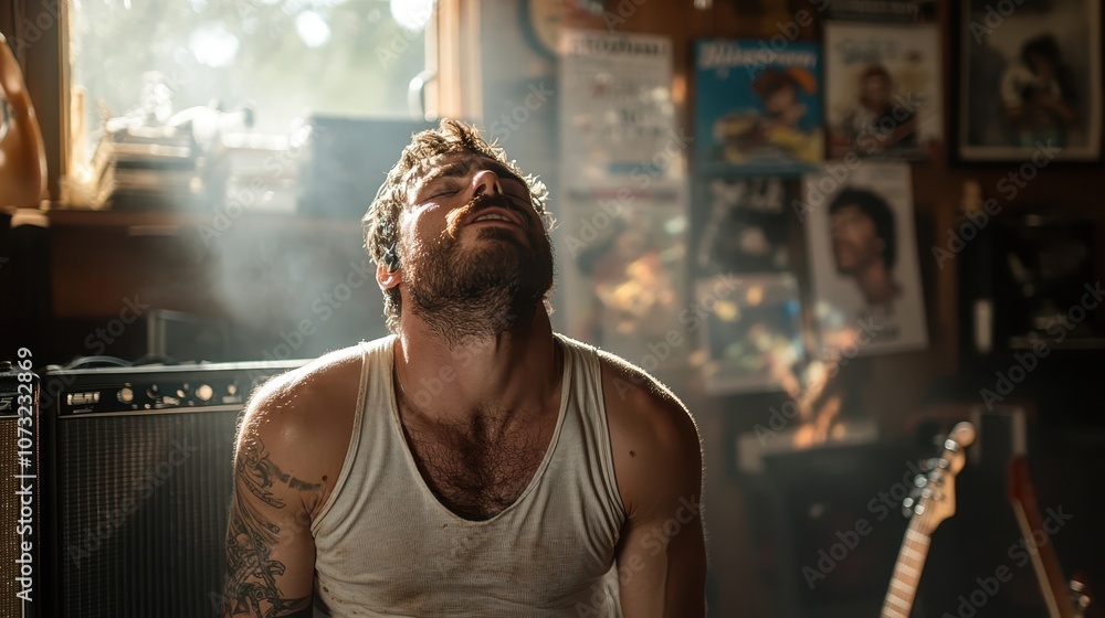 A tired musician in a sleeveless tank rests in a cluttered, dimly lit studio. Posters, instruments, and a smoky atmosphere suggest a creative workspace. A tired musician in a sleeveless tank rests in a cluttered, dimly lit studio. Posters, instruments, and a smoky atmosphere suggest a creative workspace.