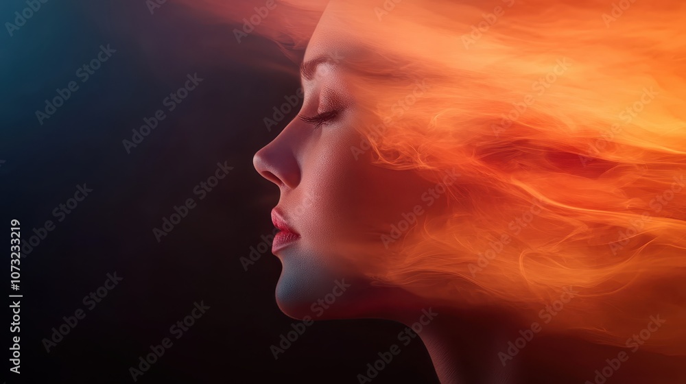 A captivating profile surrounded by fiery, dynamic colors, symbolizing passion and energy in a powerful and expressive modern art style with dramatic flair. A captivating profile surrounded by fiery, dynamic colors, symbolizing passion and energy in a powerful and expressive modern art style with dramatic flair.