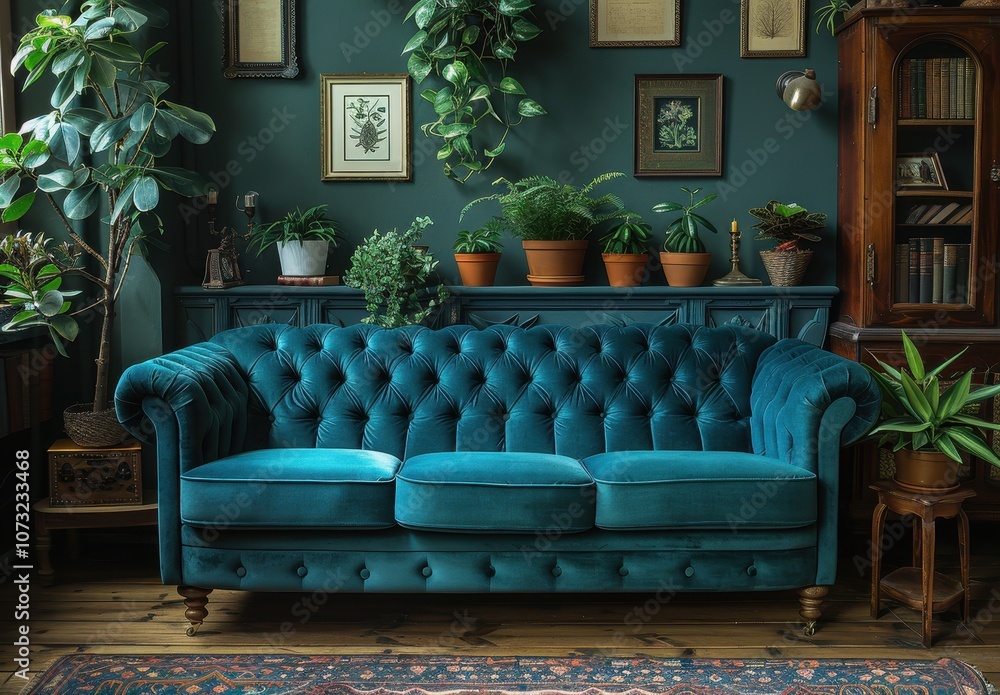 Obraz premium Retro-Style Living Room with Blue Chesterfield Sofa and Patterned Wallpaper