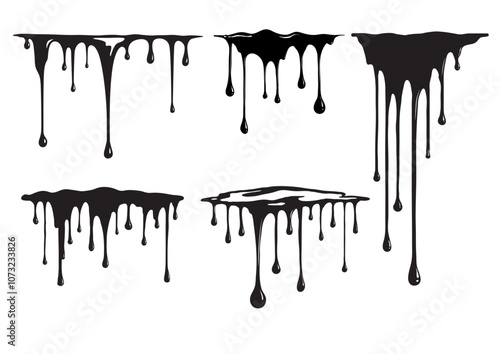 Paint dripping with highlights. Current drops. Black stains on a white background. Vector illustration.