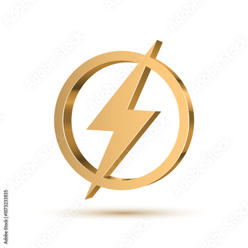 Lightning gold 3d icon. Flash symbol or emblem. Vector illustration.