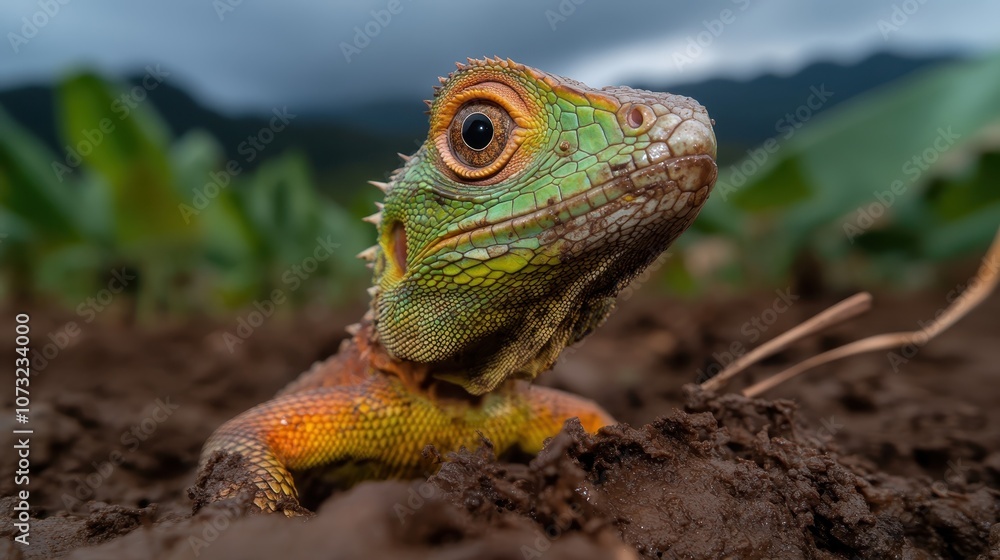 A green lizard with touches of orange exemplifies remarkable camouflage as it blends seamlessly into the rich soil environment, highlighting natural survival instincts. A green lizard with touches of orange exemplifies remarkable camouflage as it blends seamlessly into the rich soil environment, highlighting natural survival instincts.