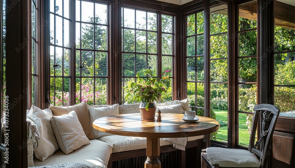 Cozy Breakfast Nook with Round Wooden Table Surrounded by Lush Garden and Natural Light Through Windows, Perfect for Relaxing Mornings and Serene Dining Experiences Cozy Breakfast Nook with Round Wooden Table Surrounded by Lush Garden and Natural Light Through Windows, Perfect for Relaxing Mornings and Serene Dining Experiences