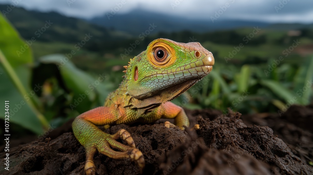 A green and orange lizard emerges from rich, earthy soil, its wide-eye gaze curiously observing the surroundings, capturing the essence of wildlife exploration. A green and orange lizard emerges from rich, earthy soil, its wide-eye gaze curiously observing the surroundings, capturing the essence of wildlife exploration.