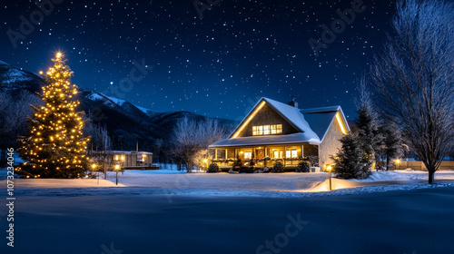 serene countryside house with snow dusted roof is beautifully illuminated by vibrant Christmas lights under starry night sky, creating festive and peaceful atmosphere.