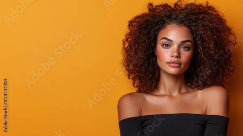 Elegant woman on an orange background with a compelling gaze, her striking presence highlights her confidence, grace, and fashion-forward sensibility.