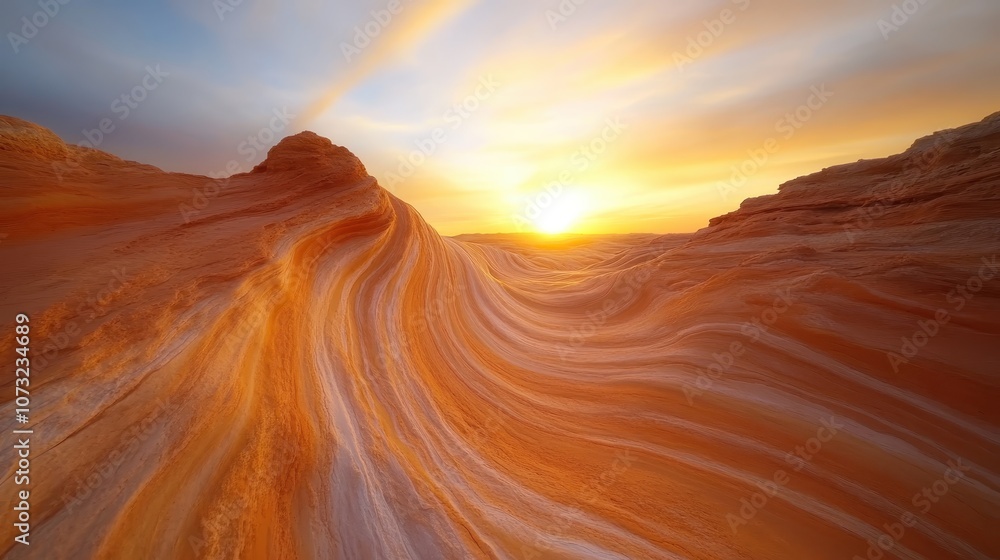 Naklejka premium This image showcases a captivating desert landscape with flowing sand formations and a mesmerizing sunset, highlighting nature's artistry and serenity.
