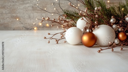 A decorative setup featuring white spherical ornaments and copper-orange accents against a rustic background, accompanied by branches and warm glimmering lights. photo