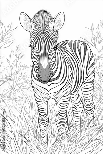 Black-and-white line drawing of a cute, smiling zebra with friendly eyes, simple stripes, and bold outlines for a children's coloring book. photo