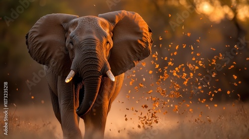 A magnificent wild elephant is depicted striding powerfully in an autumn dusk, with stunning backlighting creating a silhouette effect highlighting its grandeur. photo