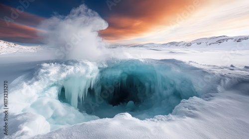 Wallpaper Mural A mesmerizing scene of a steaming snow crater set against a vibrant sunset sky, capturing the dramatic interplay of temperature, light, and natural beauty. Torontodigital.ca