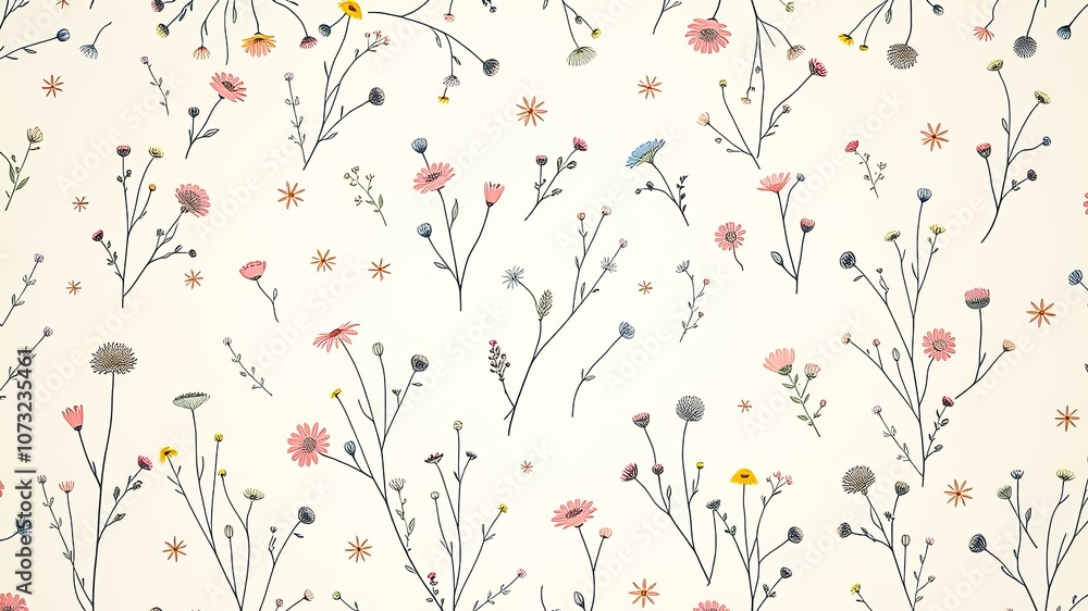 Delicate Wildflower Pattern with a White Background and Scattered Blooms in Pink, Blue, and Yellow Delicate Wildflower Pattern with a White Background and Scattered Blooms in Pink, Blue, and Yellow