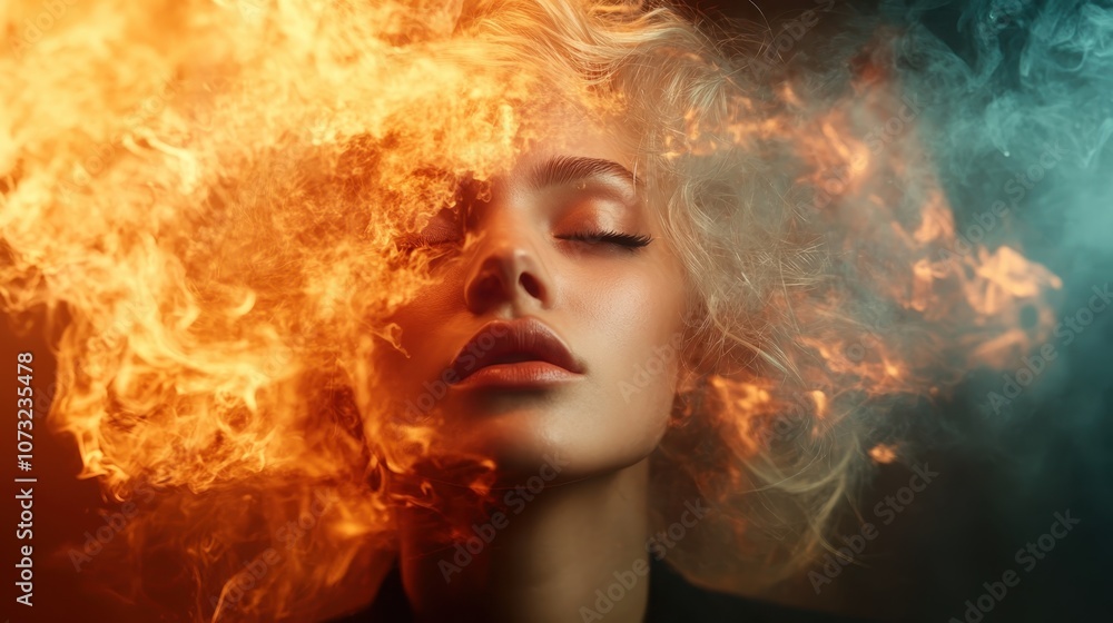 A woman's face is enveloped in a stunning artistic blend of orange flames and smoke, representing both the fierce and mysterious elements of fire and emotion. A woman's face is enveloped in a stunning artistic blend of orange flames and smoke, representing both the fierce and mysterious elements of fire and emotion.