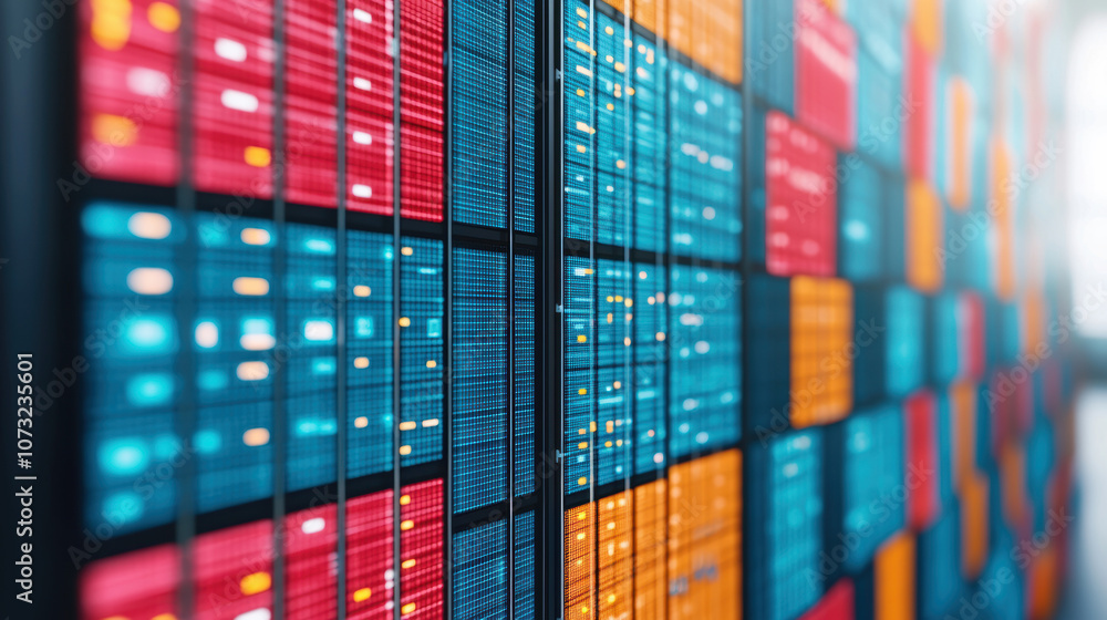 Fototapeta premium A vibrant, abstract representation of data visualization featuring colorful bars in shades of blue, red, and orange.