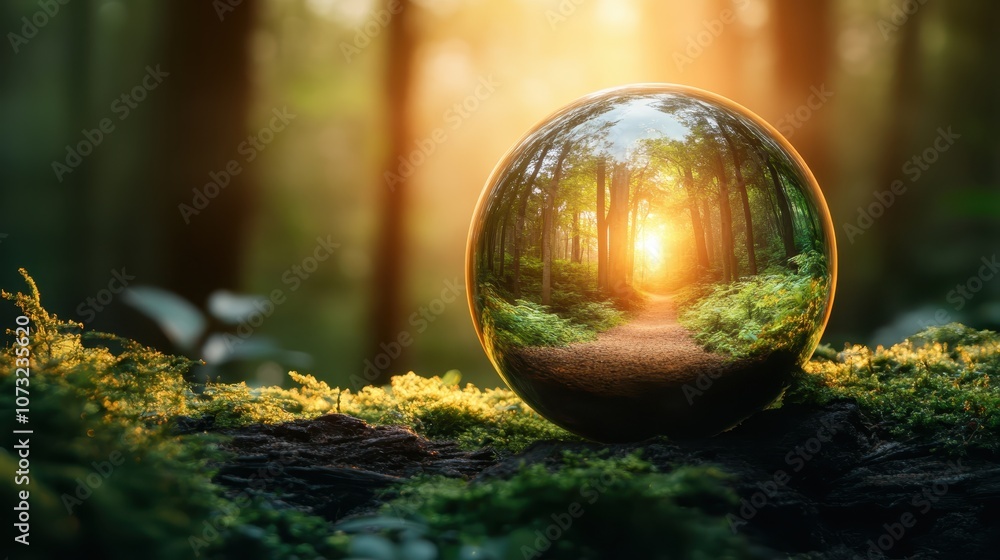 The glass sphere encapsulates a mesmerizing view of a forest path drenched in golden sunlight, evoking feelings of warmth and enchantment amidst lush surroundings. The glass sphere encapsulates a mesmerizing view of a forest path drenched in golden sunlight, evoking feelings of warmth and enchantment amidst lush surroundings.