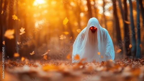 A ghostly specter with intense red eyes emerging in a clearing filled with swirling autumn leaves, suggesting a haunting presence amid the natural surroundings. photo