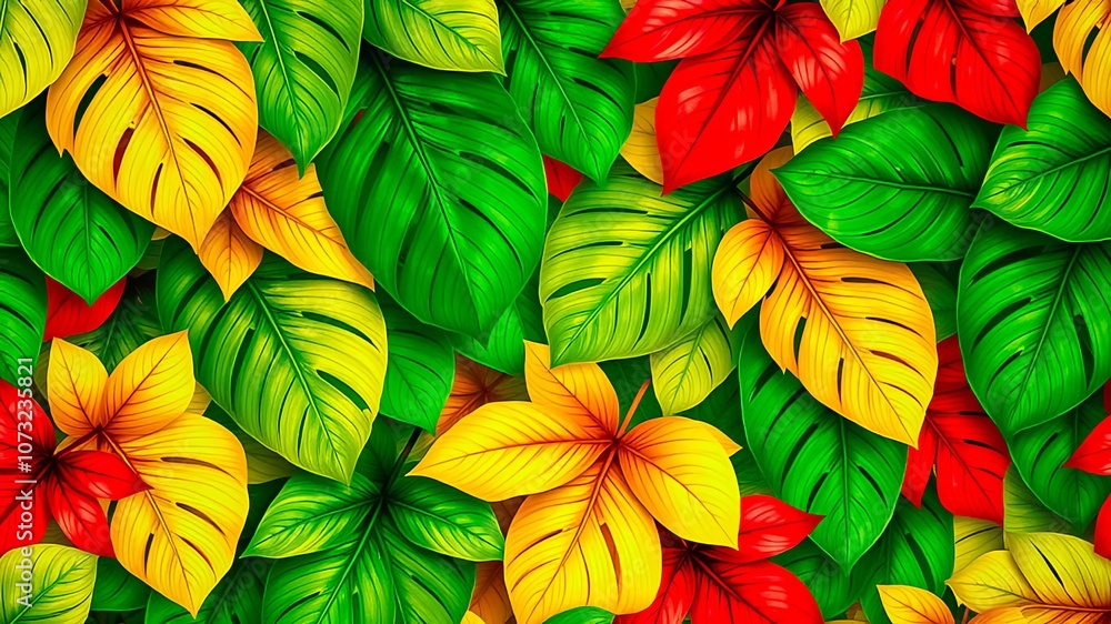 Naklejka premium Vibrant Tropical Foliage Displaying Intertwined Green, Yellow, and Red Leaves with a Detailed Veined Pattern