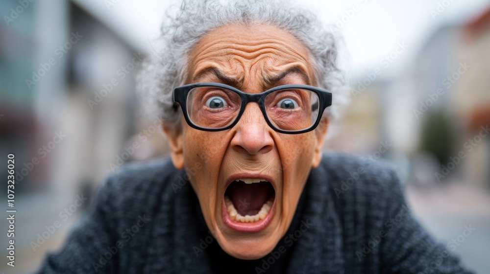 Woman with glasses and a big angry face. She is screaming. Concept of anger and frustration