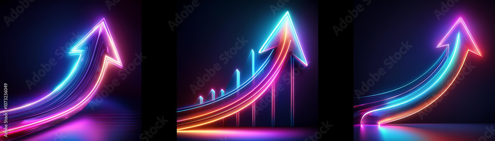 Three glowing neon arrows pointing upwards. Three glowing neon arrows pointing upwards.