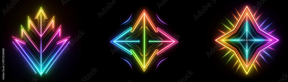 Three colorful neon geometric shapes against a black background. Three colorful neon geometric shapes against a black background.