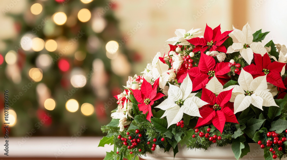 Fototapeta premium festive display of red and white poinsettias with green foliage and berries, set against softly blurred Christmas tree background, creates warm holiday atmosphere.
