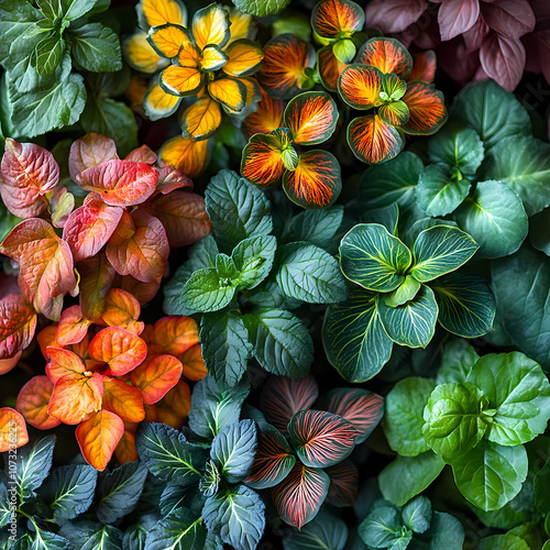 Wallpaper Mural Top view of plants with different kinds of leaves and flowers Torontodigital.ca