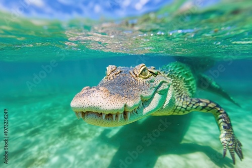 Wallpaper Mural A Thrilling Encounter With a Massive Crocodile in a Tranquil River Setting at Dusk Torontodigital.ca