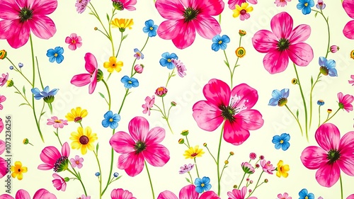 A Vibrant Floral Pattern Featuring Delicate Pink Flowers, Yellow Daisies, and Tiny Blue Blooms on a Creamy White Background