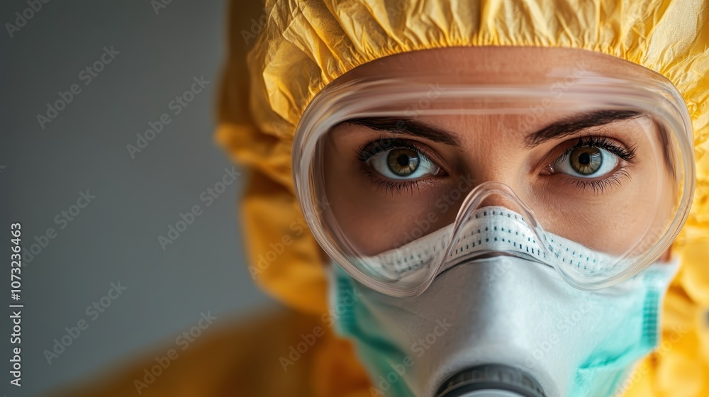 A close-up image of a person in a yellow hazmat suit, protective goggles, and a face mask, conveying a sense of safety and caution in hazardous environments. A close-up image of a person in a yellow hazmat suit, protective goggles, and a face mask, conveying a sense of safety and caution in hazardous environments.