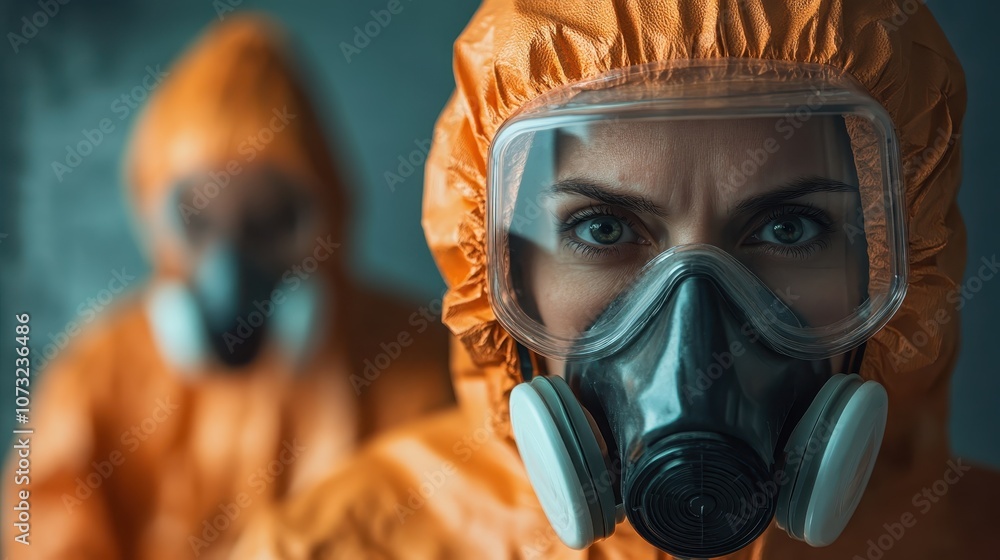 Close-up of someone in protective gear with a gas mask, focusing intently, showing determination and concentration in safety-critical situations. Close-up of someone in protective gear with a gas mask, focusing intently, showing determination and concentration in safety-critical situations.