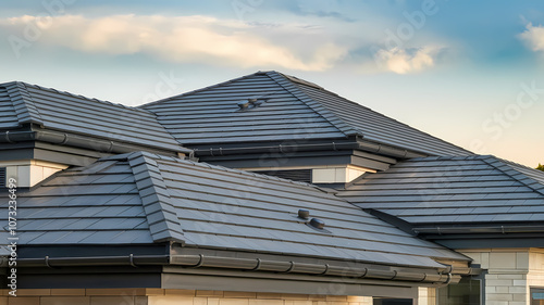 Modern home roofing with sleek gray tiles under a bright sky, showcasing architectural design and durability.