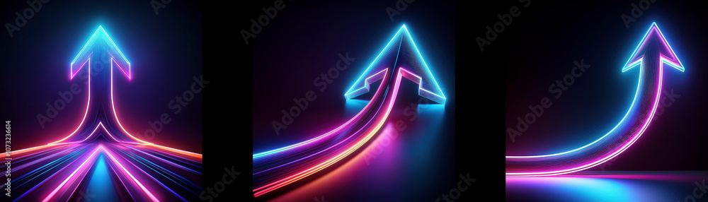 Three neon blue and pink arrows point upwards against a black background. Three neon blue and pink arrows point upwards against a black background.