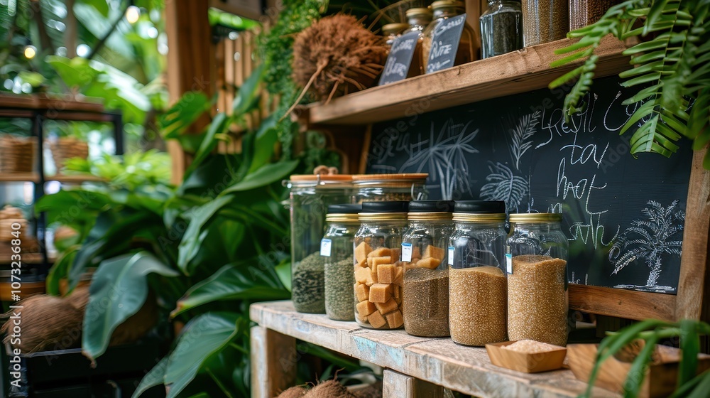 Display of Glass Jars Filled with Coconut Aminos and Coconut Sugar in a Lush Green Environment with Rustic Wooden Shelves and Natural Elements Display of Glass Jars Filled with Coconut Aminos and Coconut Sugar in a Lush Green Environment with Rustic Wooden Shelves and Natural Elements