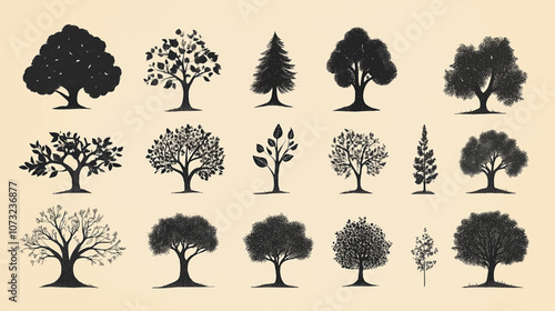 Silhouette tree line drawing set, Side view, set of graphics trees elements outline symbol for architecture and landscape design drawing. Vector illustration in stroke fill in white. Tropical.