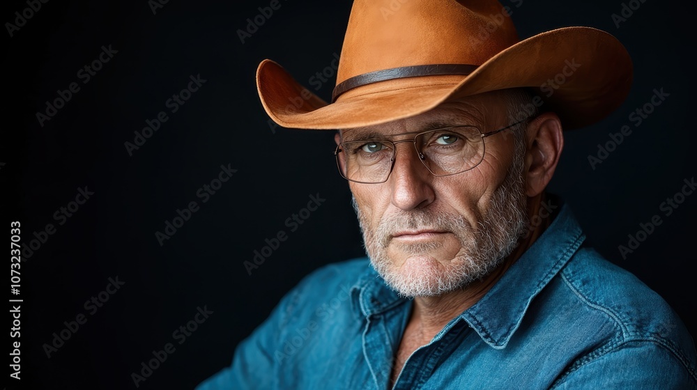 A mature man with a rugged look stares intensely while wearing a cowboy hat and glasses in a denim shirt against a dark background. A mature man with a rugged look stares intensely while wearing a cowboy hat and glasses in a denim shirt against a dark background.