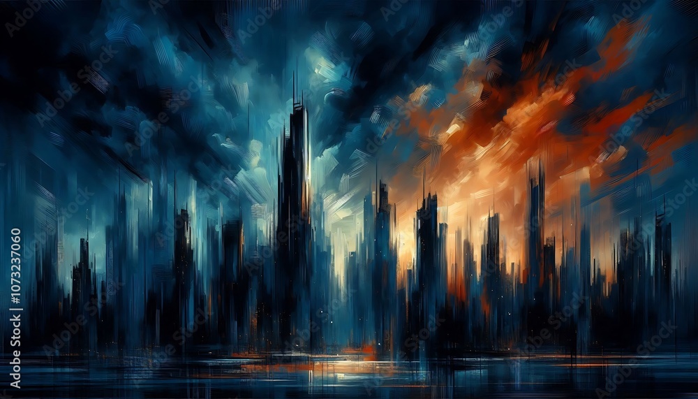 A City Skyline Clashes with a Chaotic Storm of Deep Blues and Fiery Oranges. A City Skyline Clashes with a Chaotic Storm of Deep Blues and Fiery Oranges.