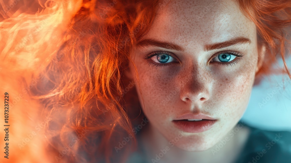 A vivid portrait captures a woman with vibrant red hair and intense blue eyes, her freckles accentuating her striking features under a soft ambient glow. A vivid portrait captures a woman with vibrant red hair and intense blue eyes, her freckles accentuating her striking features under a soft ambient glow.