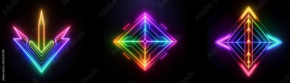 Three colorful geometric shapes glowing on a black background. Three colorful geometric shapes glowing on a black background.