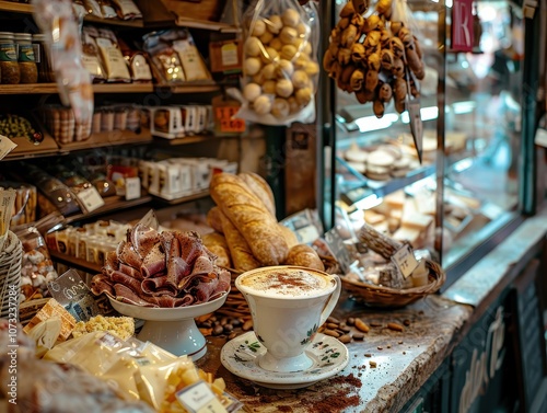 Cozy coffee shop scene featuring a beautifully crafted porcelain tazzina holding a macchiato with flecks of cocoa, set amongst fresh pastries and a display of delicacies photo