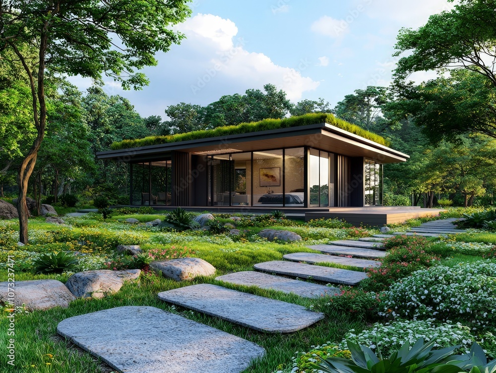 Eco-Friendly Minimalist Bungalow Surrounded by Lush Greenery and Natural Landscape Featuring a Green Roof and Modern Architecture Eco-Friendly Minimalist Bungalow Surrounded by Lush Greenery and Natural Landscape Featuring a Green Roof and Modern Architecture