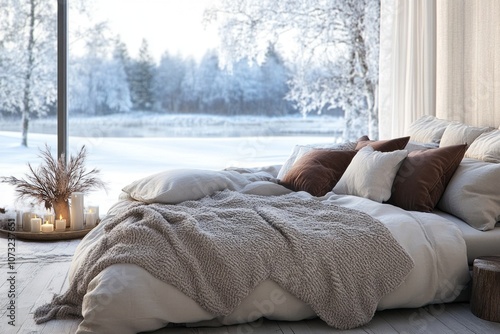 Cozy Bed with Snowy Winter View from Window